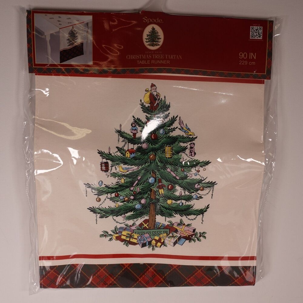 Spode Holiday Christmas Tree Tartan Table Runner 90" 229 cm New in Package Red